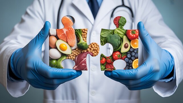 Doctor holding puzzle pieces made of healthy food