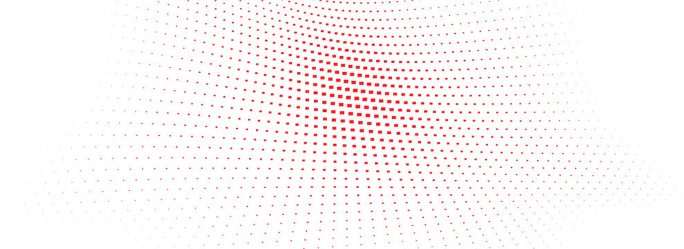 Abstract red square halftone burst pattern radiating on a clean white background