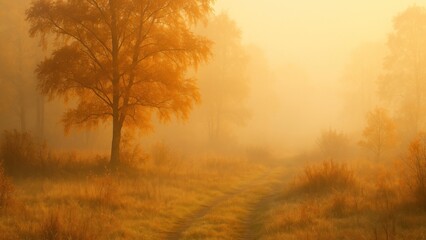 Fototapeta premium Misty autumn path through forest desktop wallpaper
