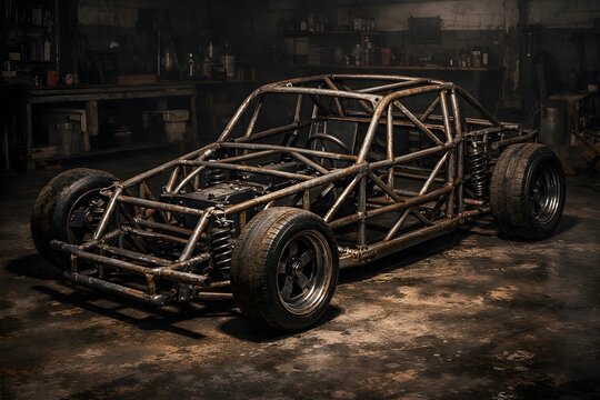 
Vintage Steel Tube Frame Race Car Chassis in Grunge Garage Workshop