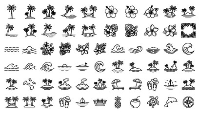 Fototapeta premium Modern Tropical Island Outline Vector Collection with Palm Tree Beach Line Art