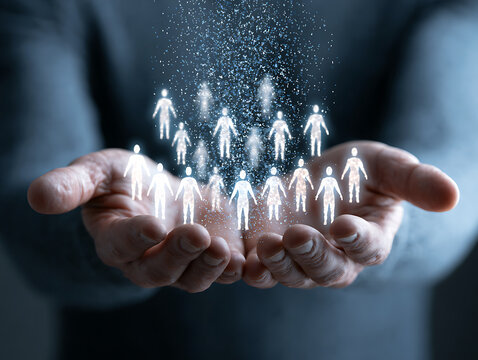 Hands holding glowing tiny people figures isolated on transparent background for business