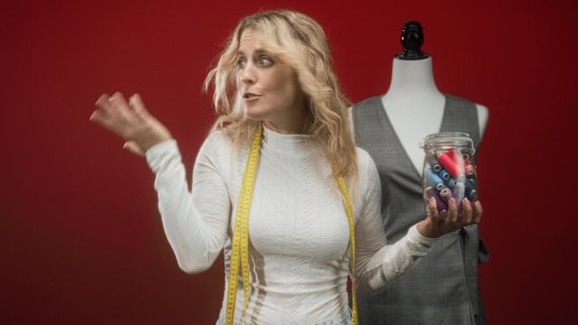 Woman dressmaker holding jar of thread with measuring tape around her neck, hand raised in a red studio, mannequin nearby; creative confusion.