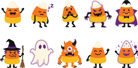 Naklejka premium Cute Halloween Candy Corn Character Collection with Ghost Monster Witch Vampire and Magical Cartoon Mascots Vector Set