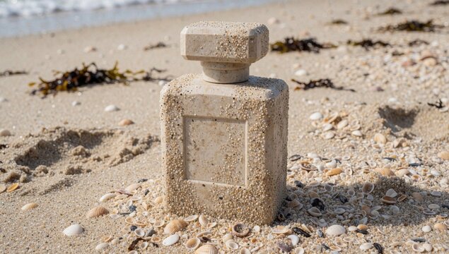Small square-shaped object sandy beach appears made light-colored material possibly stone concrete covered peb