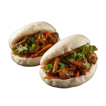 Two steamed bao buns filled with savory glazed meat shredded carrots and fresh cilantro leaves on black isolated on a transparent background