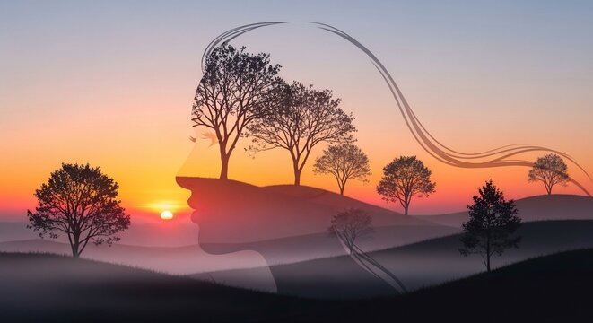 Silhouette head tree landscape sunset