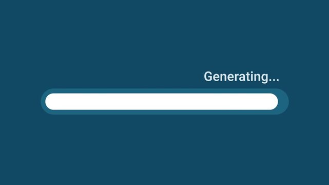Animated motion graphics showing a white progress bar generating over a dark blue background. Represents AI content generation, report creation, system response building, or code generation.