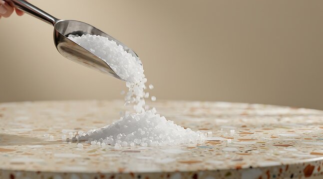 A metal scoop pouring a pile of white granular salt onto a speckled surface.