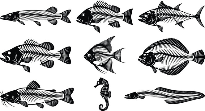 Detailed Fish Skeleton Silhouette Collection Featuring Various Marine Species and Seahorse Illustration