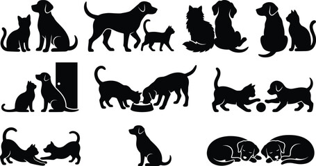 Naklejka premium Dog and Cat Silhouette Collection with Pet Activities Isolated on White Background