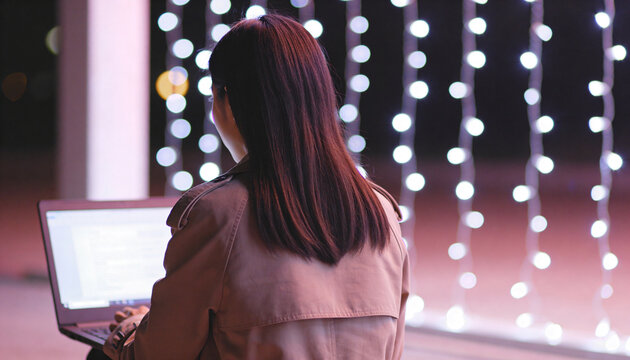 Back view of a woman working on a laptop at night. Female freelancer in a trench coat using a computer with bokeh string lights background. Remote work and digital nomad concept