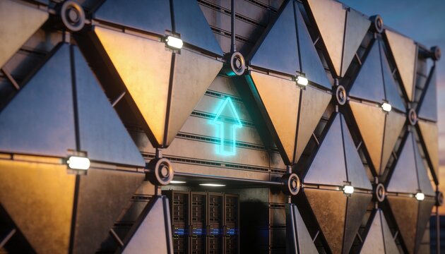 Futuristic data center building with glowing blue arrow pointing up.