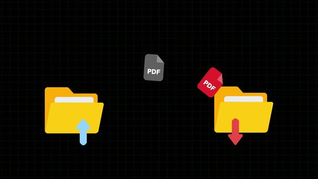 Seamless animated PDF file transfer between two yellow folders on a background. backup storage, artificial intelligence, cloud storage technology concept