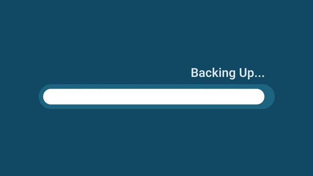 Animated motion graphics showing a white progress bar backing up over a dark blue background. Represents file backup, system archivation, cloud storage sync, or data recovery setup.