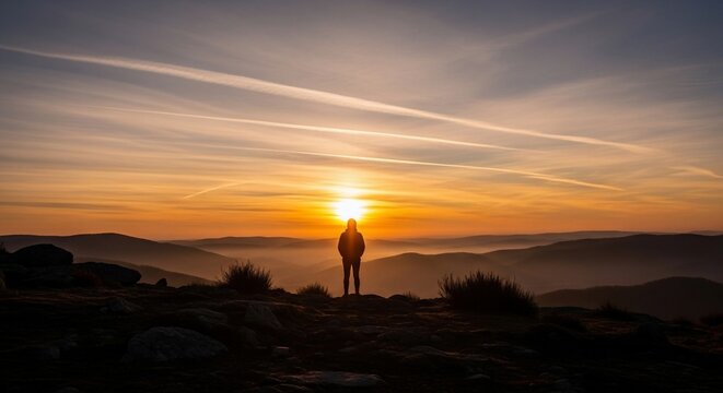 Silhouette person sunset landscape