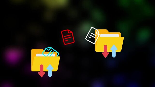 Seamless animated file transfer, Digital file transfer concept with yellow folders and flying documents background
