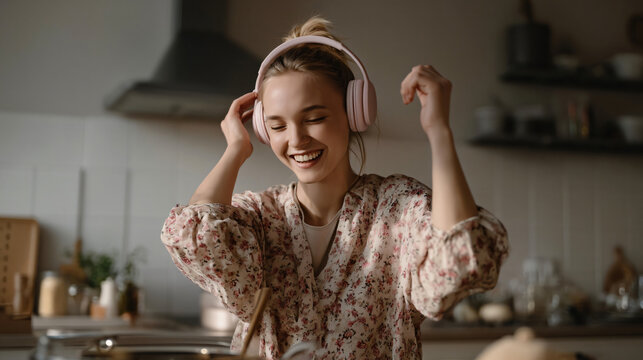 Joyful Melody: A young woman with a radiant smile enjoys her favorite music through headphones, her head tilted slightly as she dances to the rhythm in a cozy kitchen setting.