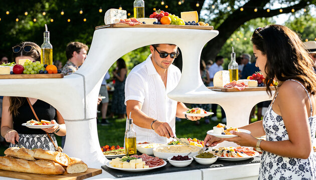 People serving themselves at a gourmet outdoor buffet. Man and women enjoying a variety of appetizers and charcuterie at a garden party. Social gathering and catering concept