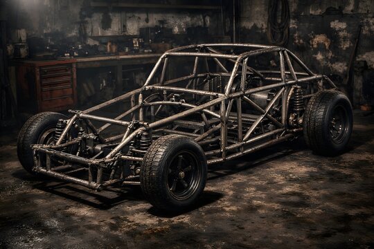 
race car, tube frame, chassis, steel frame, roll cage, hot rod, automotive, motorsport, vehicle skeleton, engineering, 
