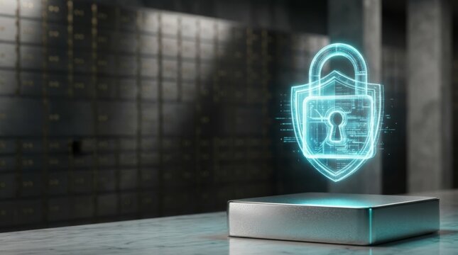 Glowing padlock hologram above metallic stand, symbolizing cybersecurity and data protection against a backdrop of bank vault lockers.