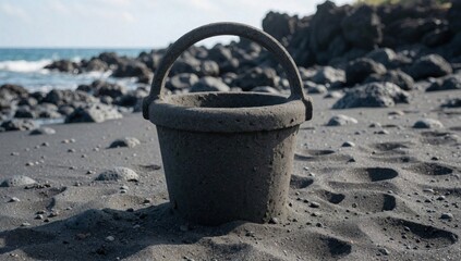 Fototapeta premium Small weathered metal bucket handle sandy beach appears old cracks chips visible surface curved has hole cente