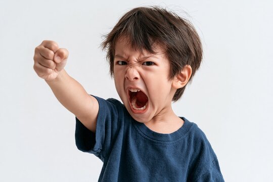 Child throwing tantrum, yelling angrily, arms raised, isolated white background