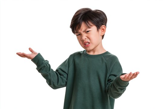 Child shrugging with frustrated face, green sweater, white background