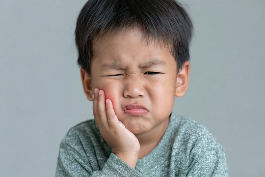 Boy holding cheek with pained expression
