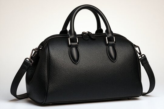 Stylish black leather-like bag with structured shape and metal accents
