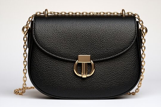 Shiny black pebbled leather bag with gold hardware and chain
