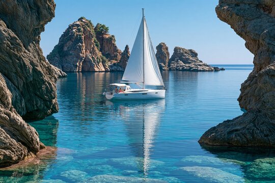 White sailboat floats gently between dramatic rock arches in bright blue cove
