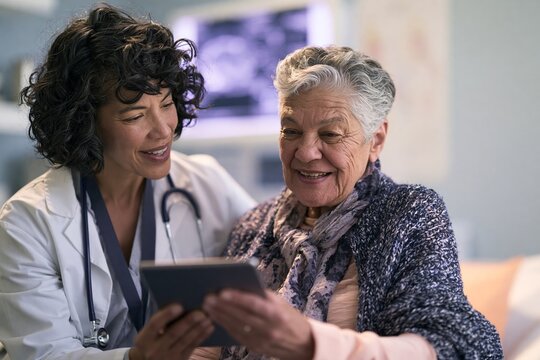 Doctor and elderly woman sharing happy moment over tablet in clinic