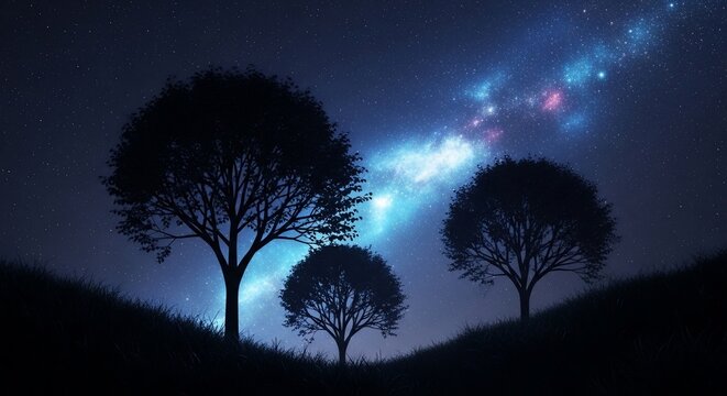Silhouetted trees night sky
