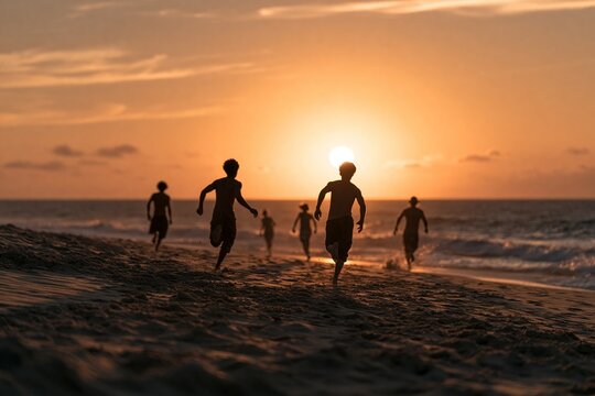 Children running on beach at sunset