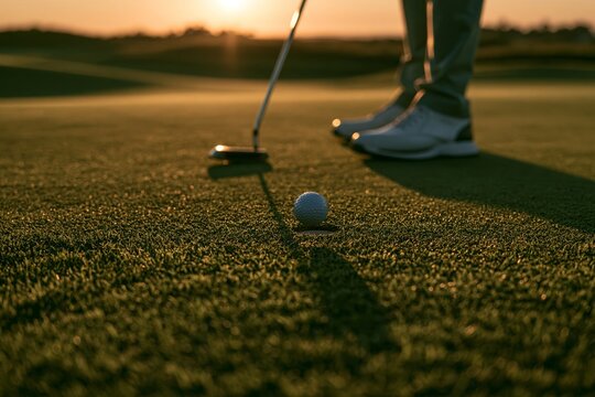 Close-up of golf ball near putter on lush green lawn
