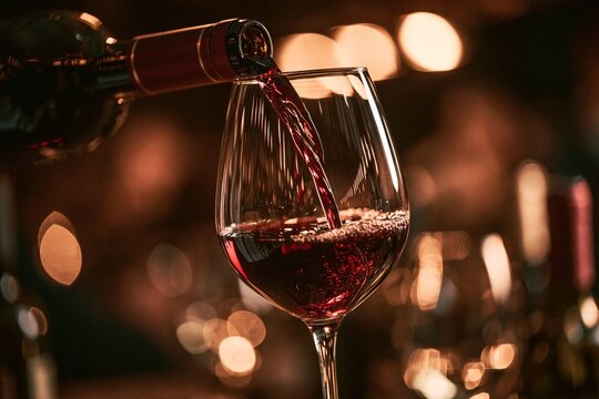 Rich red wine being poured into a glass with soft background lights