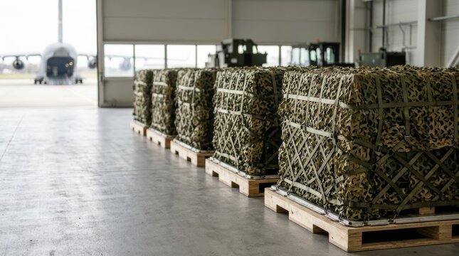 Military cargo pallets wrapped in camouflage netting lined up inside a modern hangar, with a large transport aircraft in soft bokeh background.