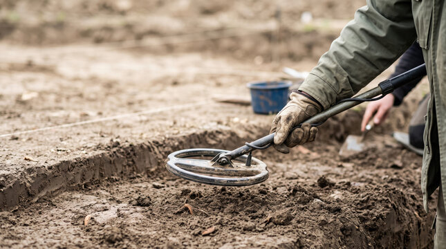 Metal detecting during excavation with detector searching for artifacts in soil. Excavation process includes careful digging and scanning with metal detector for buried treasures.