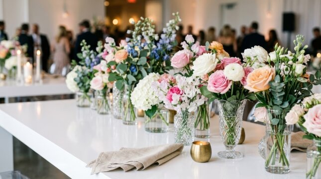 Elegant floral centerpieces adorn a white reception table, creating a festive atmosphere for a modern celebration.