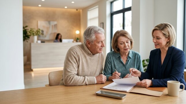 Elderly couple signs legal documents with notary advisor in bright, modern law office