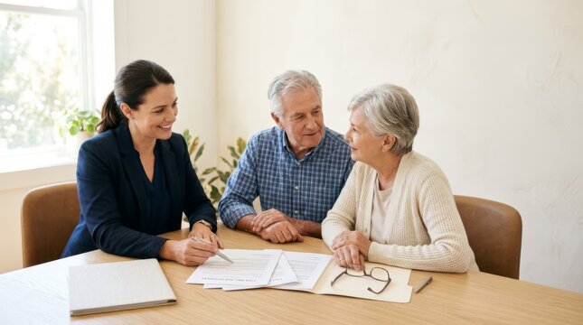 Legal professional consults with senior couple on will preparation, reviewing documents at a bright office table for estate planning.