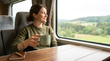 Fototapeta premium Woman enjoys coffee on train journey, looking out window at scenic landscape, promoting relaxed travel and lifestyle