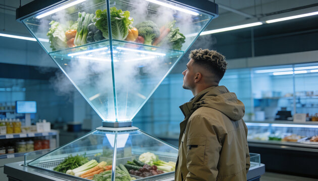 Man looking at futuristic inverted pyramid vegetable display in modern supermarket. High-tech grocery store with fresh produce and mist preservation. Future of food and retail concept