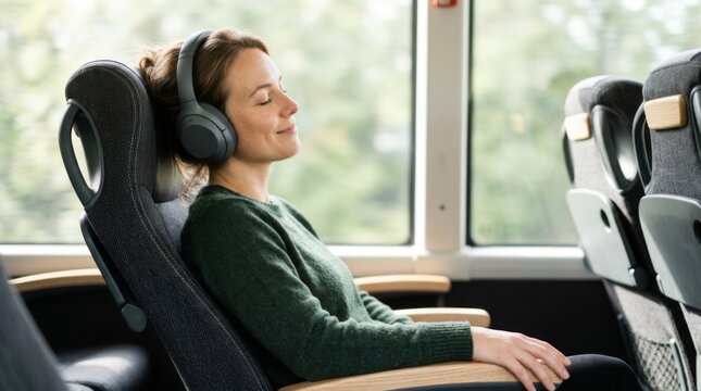 Woman relaxing with headphones on a bus journey, enjoying music in a modern, bright interior with copy space