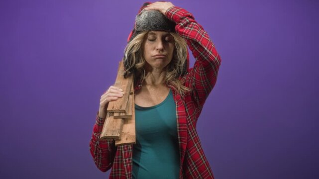 Woman in red plaid shirt and fur trapper hat holds wooden planks on shoulder and presses hand to forehead for headache in studio purple backdrop; fatigue.