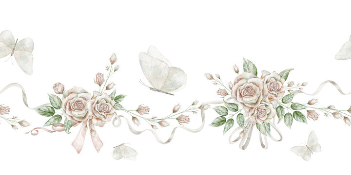Watercolor seamless Border with white Butterflies and pastel pink roses. Illustration of vintage floral pattern for wedding stationery, invitations and feminine projects. Botanical frame.