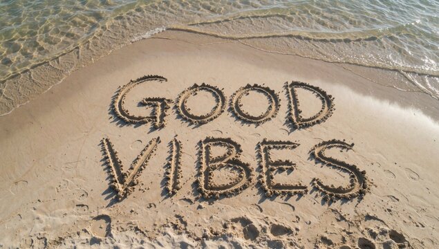 Sandy beach words good vibes written sand cursive font arranged way form shape word light brown color appears