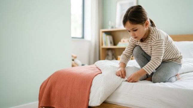 Young girl learning independence making her bed in a bright modern bedroom with a coral throw