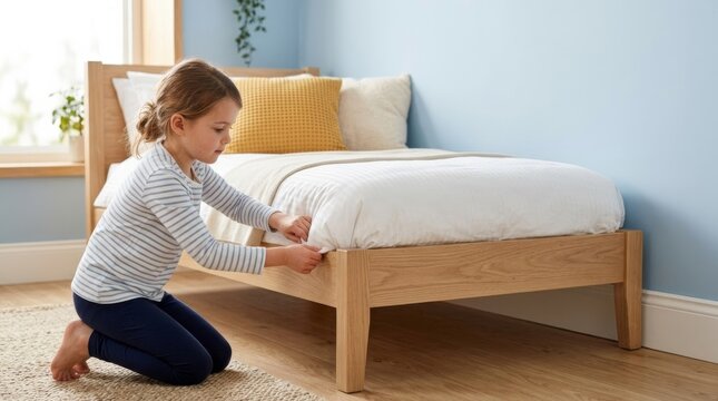Young girl tucking bed sheets into a pale oak bed frame, learning responsibility in a modern bedroom with mustard cushion.